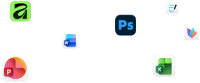 Różne ikony aplikacji unoszące się na&nbsp;ekranie, m.in. Microsoft Word, Adobe Photoshop, Canva i&nbsp;Figma