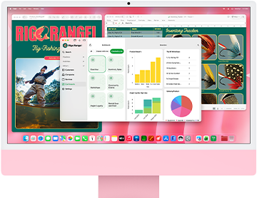 iMac, przód obudowy, kolor różowy, na&nbsp;ekranie widać wiele otwartych aplikacji 