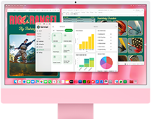 iMac, przód obudowy, kolor różowy, na&nbsp;ekranie widać wiele otwartych aplikacji 