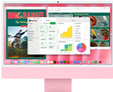 iMac, przód obudowy, kolor różowy, na&nbsp;ekranie widać wiele otwartych aplikacji