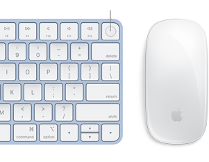 Zbliżenie na dopasowane kolorystycznie klawiaturę Magic Keyboard i mysz Magic Mouse z wyeksponowanym odciskiem palca na czytniku Touch ID