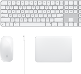 Widok z góry na biurko z myszą Magic Mouse, przewodem USB-C, gładzikiem Magic Trackpad i klawiaturą numeryczną Magic Keyboard