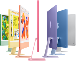 iMac Genialny. Widok na komputery iMac w kolorze zielonym, żółtym, pomarańczowym, różowym, fioletowym, niebieskim i srebrnym