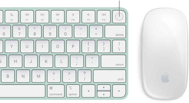 Zbliżenie na pokazaną z góry klawiaturę Magic Keyboard z Touch ID, obok widać mysz Magic Mouse.