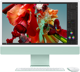 Ekran iMaca z widocznym w aplikacji Adobe Lightroom kolorowym obrazem przedstawiającym kwiaty, który demonstruje gamę kolorów i rozdzielczość wyświetlacza Retina 4,5K.