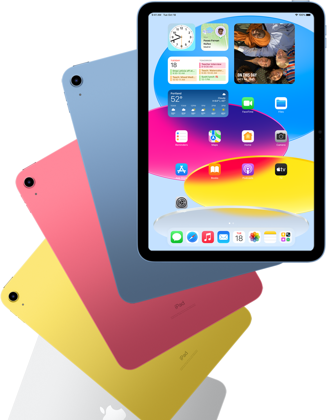 Вигляд iPad спереду з увімкненим головним екраном із синіми, червоними, жовтими та сріблястими iPad, що виходять із-за нього, повернутими назад.