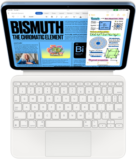 iPad połączony z Magic Keyboard Folio, na ekranie aplikacje Pages i Notatki w widoku Slide Over