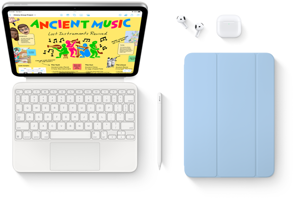 iPad połączony z Magic Keyboard Folio, Apple Pencil, AirPods i Smart Folio