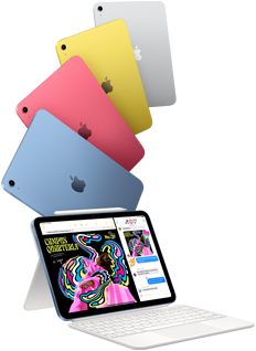 iPady w kolorach niebieskim, różowym, żółtym i srebrnym oraz jeden iPad połączony z Magic Keyboard Folio z Apple Pencil