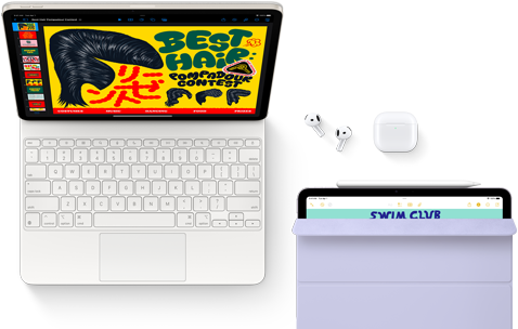 Podłączony do klawiatury Magic Keyboard iPad Air ze słuchawkami Airpods Pro, Apple Pencil Pro oraz etui Smart Folio