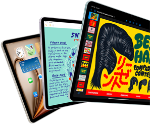 Trzy wyświetlacze iPada Air prezentujące funkcje systemu iPadOS i aplikacji