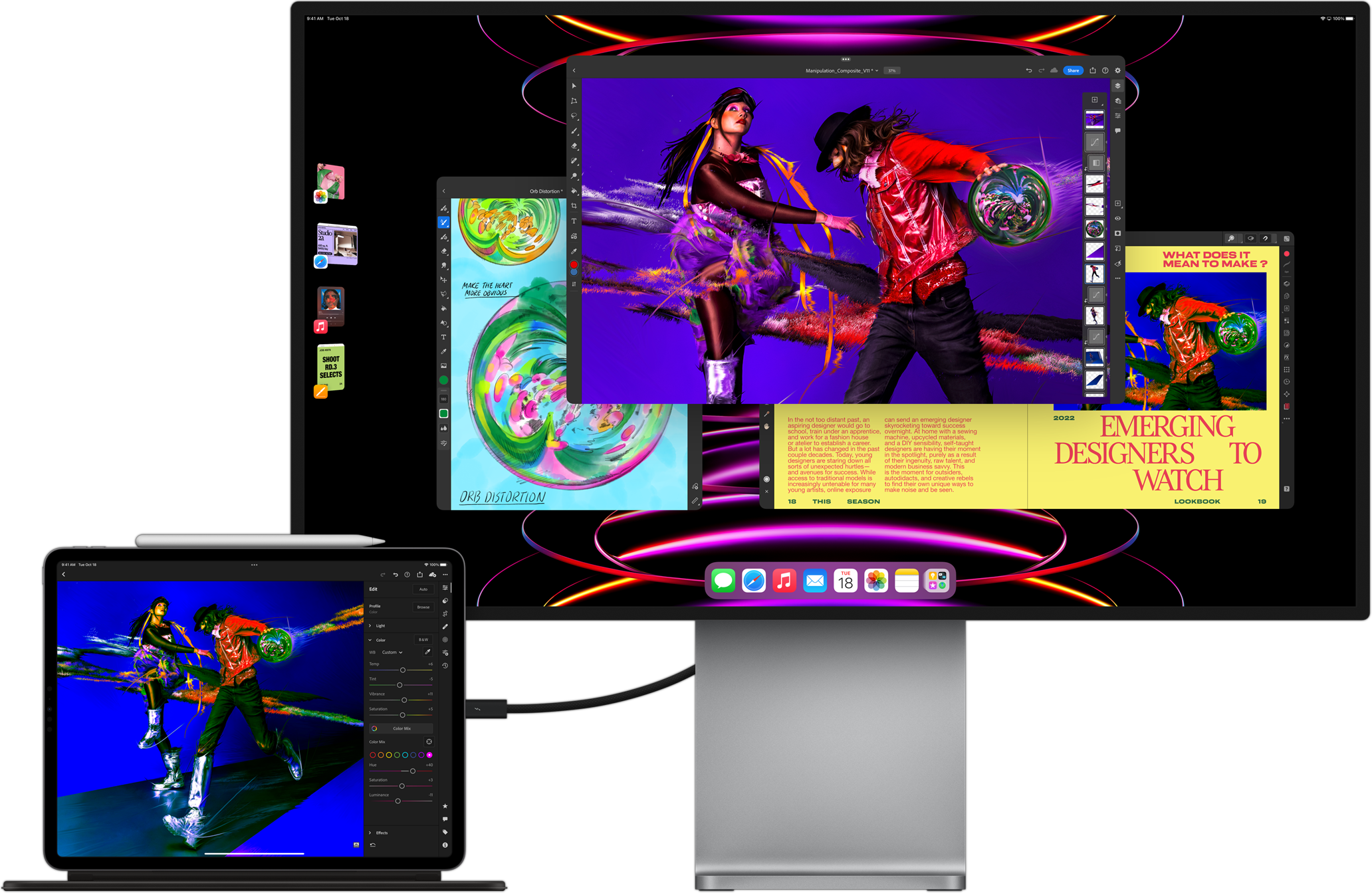 iPad Pro przedstawiający aplikację LumaFusion podłączony do zewnętrznego monitora pokazującego, jak wygląda praca wielozadaniowa z wykorzystaniem funkcji Stage Manager.