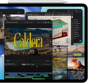 Widoczny od przodu, ustawiony poziomo iPad Pro w kolorze gwiezdnej czerni, na nim rysik Apple Pencil, na wyświetlaczu wiele okien otwartych aplikacji, w tym Final Cut Pro z wieloma funkcjami montażu wideo i osią czasu, a także Mapy, Notatki i różne klipy multimedialne