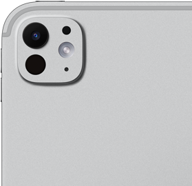 Widoczny od tyłu iPad Pro w kolorze srebrnym z systemem aparatów pro z pięcioelementowym obiektywem i adaptacyjnym fleszem True Tone