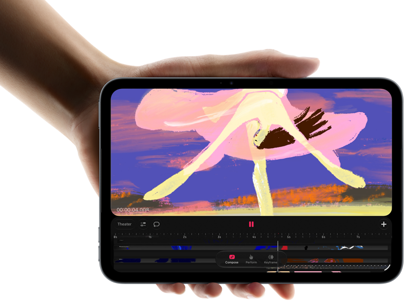 Widoczny od przodu iPad mini trzymany w dłoni, na ekranie widać interfejs do edycji wideo z kolorowymi klipami, poniżej wzmianka o czipie A20 Pro