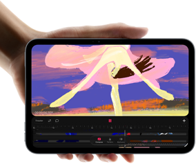 Widoczny od przodu iPad mini trzymany w dłoni, na ekranie widać interfejs do edycji wideo z kolorowymi klipami, poniżej wzmianka o czipie A20 Pro