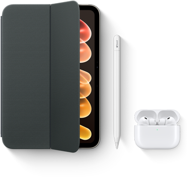 iPad mini ze zgodnymi akcesoriami, takimi jak etui Smart Folio do iPada mini (A20 Pro), Apple Pencil USB‑C i AirPods Pro 3