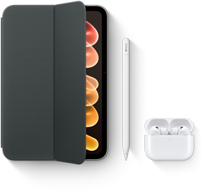 iPad mini ze zgodnymi akcesoriami, takimi jak etui Smart Folio do iPada mini (A20 Pro), Apple Pencil USB‑C i AirPods Pro 3