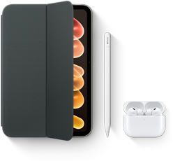 iPad mini ze zgodnymi akcesoriami, takimi jak etui Smart Folio do iPada mini (A20 Pro), Apple&nbsp;Pencil USB‑C i AirPods&nbsp;Pro 3
