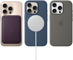 Widok z tyłu na trzy urządzenia iPhone 16 Pro, przyłączone akcesoria MagSafe: portfel z tkaniny FineWoven do iPhone’a, ładowarka MagSafe i silikonowe etui z MagSafe do iPhone’a
