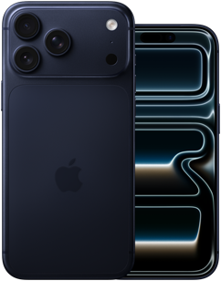Zestawione obok siebie, iPhone 17 Pro Max, tył obudowy, system Pro aparatów, 3 obiektywy, mikrofon, flesz, wykończenie [B28], iPhone 17 Pro, przód z sięgającym krawędzi wyświetlaczem, wykończenie [B28]