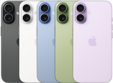 iPhone 17, tył urządzenia, system dwóch aparatów Fusion, wszystkie pięć kolorów nachodzących na siebie: czarny, biały, szałwia, gołębi i lawenda