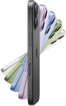 iPhone 17, bok urządzeń w pięciu kolorach: czarny, lawenda, gołębi, szałwia i biały