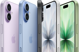 iPhone 17, przód urządzenia, tył urządzenia, bok urządzenia, pięć kolorów: lawenda, gołębi, czarny, biały i szałwia