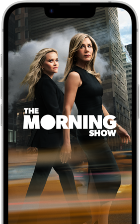 Widoczny od przodu ekran iPhone’a 17e prezentujący serial „The Morning Show” z Apple TV+