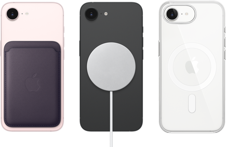 iPhone 17e, tył obudowy, kolor jasnoróżowy, portfel z tkaniny FineWoven z MagSafe. iPhone 17e, tył obudowy, kolor czarny, podłączona ładowarka MagSafe. iPhone 17e, tył obudowy, kolor biały,  przezroczyste etui z MagSafe