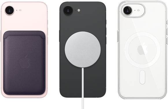 iPhone 17e, tył obudowy, kolor jasnoróżowy, portfel z tkaniny FineWoven z MagSafe. iPhone 17e, tył obudowy, kolor czarny, podłączona ładowarka MagSafe. iPhone 17e, tył obudowy, kolor biały,  przezroczyste etui z MagSafe