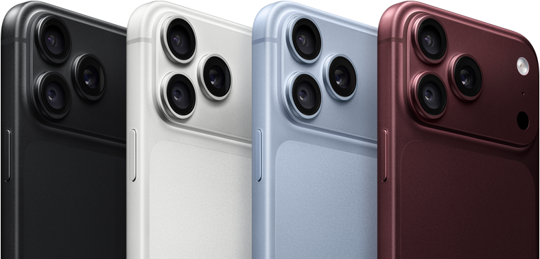 Kilka urządzeń iPhone 18 Pro w rzędzie, tył obudowy, wszystkie cztery kolory: burgund, błękit lodowca, srebrny, czarny, system Pro aparatów Fusion w lewym górnym rogu, 3 obiektywy, mikrofon, flesz