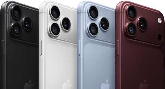 Kilka urządzeń iPhone 18 Pro w rzędzie, tył obudowy, wszystkie cztery kolory: burgund, błękit lodowca, srebrny, czarny, system Pro aparatów Fusion w lewym górnym rogu, 3 obiektywy, mikrofon, flesz