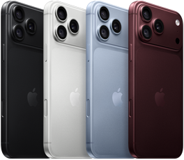 Kilka urządzeń iPhone 18 Pro w rzędzie, tył obudowy, wszystkie cztery kolory: burgund, błękit lodowca, srebrny, czarny, system Pro aparatów Fusion w lewym górnym rogu, 3 obiektywy, mikrofon, flesz