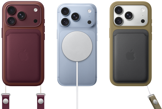 iPhone 18 Pro, tył obudowy, kolor burgunda, portfel z tkaniny FineWoven z MagSafe w kolorze burgunda; iPhone 18 Pro, tył obudowy, w kolorze błękit lodowca z przyczepionym akumulatorem MagSafe; iPhone 18 Pro, tył obudowy, kolor srebrny, z silikonowym etui w kolorze zielonym i ładowarką MagSafe