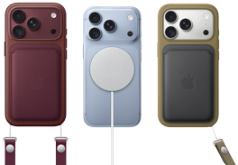 iPhone 18 Pro, tył obudowy, kolor burgunda, portfel z&nbsp;tkaniny FineWoven z&nbsp;MagSafe w&nbsp;kolorze burgunda; iPhone 18 Pro, tył obudowy, w kolorze błękit lodowca z przyczepionym akumulatorem MagSafe; iPhone 18 Pro, tył obudowy, kolor srebrny, z&nbsp;silikonowym etui w&nbsp;kolorze zielonym i&nbsp;ładowarką MagSafe