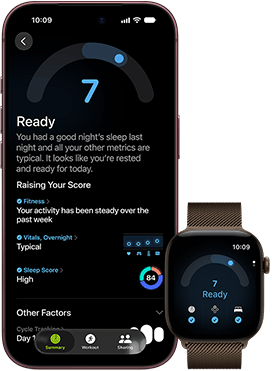 iPhone 18 Pro, kolor czarny, przód obudowy, widać wynik oceny gotowości (ocena 7), urządzenie sparowane z widocznym od przodu brązowym Apple Watch, widać ten sam wynik oceny gotowości (ocena 7)