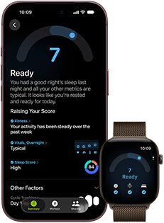 iPhone 18 Pro, kolor czarny, przód obudowy, widać wynik oceny gotowości (ocena 7), urządzenie sparowane z widocznym od przodu brązowym Apple Watch, widać ten sam wynik oceny gotowości (ocena 7)