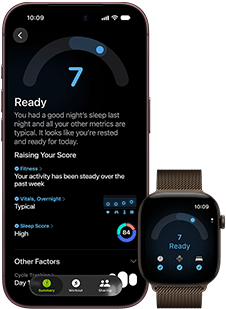 iPhone 18 Pro, kolor czarny, przód obudowy, widać wynik oceny gotowości (ocena&nbsp;7), urządzenie sparowane z&nbsp;widocznym od przodu brązowym Apple&nbsp;Watch, widać ten sam wynik oceny gotowości (ocena&nbsp;7)
