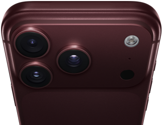 iPhone 18 Pro Max w kolorze burgunda (ciemna czerwień), tył obudowy, system Pro aparatów Fusion w górnej części urządzenia, 3 obiektywy, częściowo zamknięte klapki zmiennej przysłony, flesz, mikrofon i skaner LiDAR, góra obudowy, antena łączności komórkowej, płaskie boki, zaokrąglone rogi