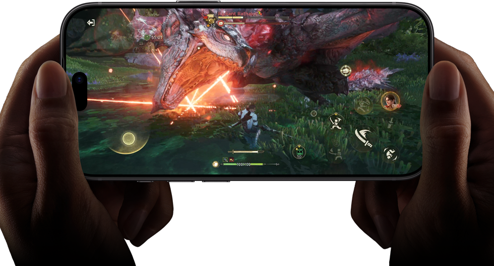 iPhone 18 Pro, przód obudowy, na ekranie zaprezentowane możliwości czipa A20 Pro za pomocą sceny z gry Monster Hunter Outlanders