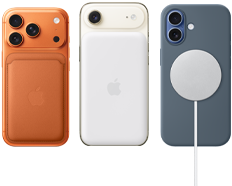 Pokazany od tyłu iPhone 17 Pro w kolorze [O7], w silikonowym etui w kolorze sieny z portfelem z tkaniny FineWoven z MagSafe w kolorze lisim pomarańczowym; pokazany od tyłu iPhone Air w kolorze białego obłoku z przyczepionym akumulatorem MagSafe; pokazany od tyłu iPhone 17 w kolorze gołębim, w silikonowym etui w kolorze marynarskiego granatu z ładowarką MagSafe