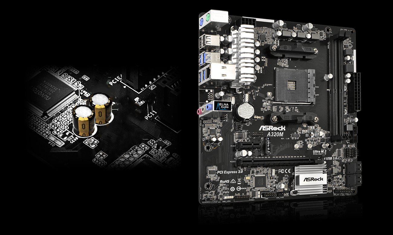 ASRock A320M czysty dźwięk kondensatory ELNA