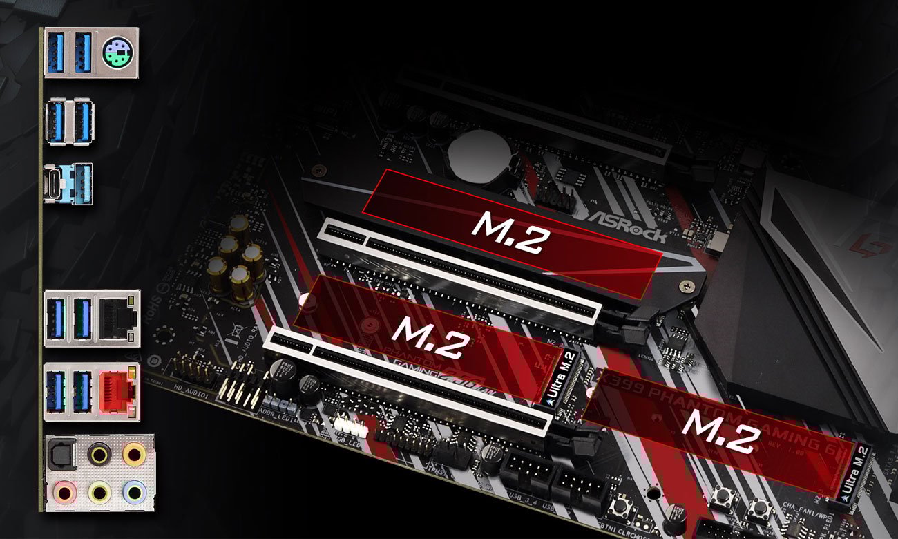 ASRock X399 Phantom Gaming 6 Złącza M.2 i USB