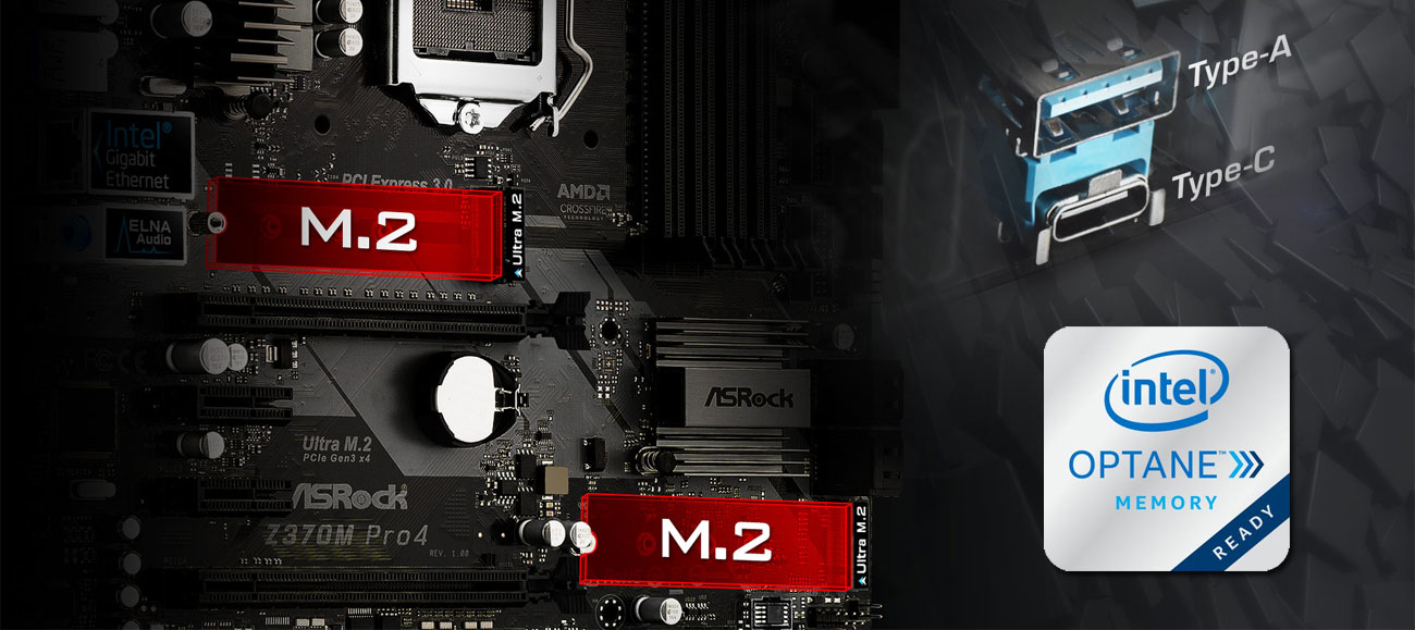 ASRock Z370M Pro4 Ultra M.2 USB 3.1 Gen1 Typu C Intel Optane
