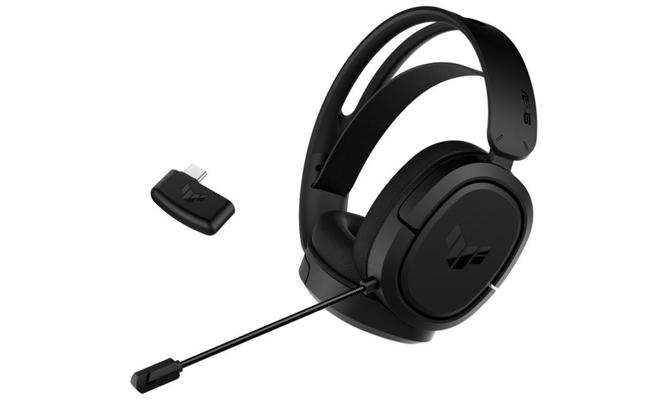 Zestaw słuchawkowy ASUS TUF Gaming H1 Wireless - Widok od przodu pod kątem wraz z adapterem