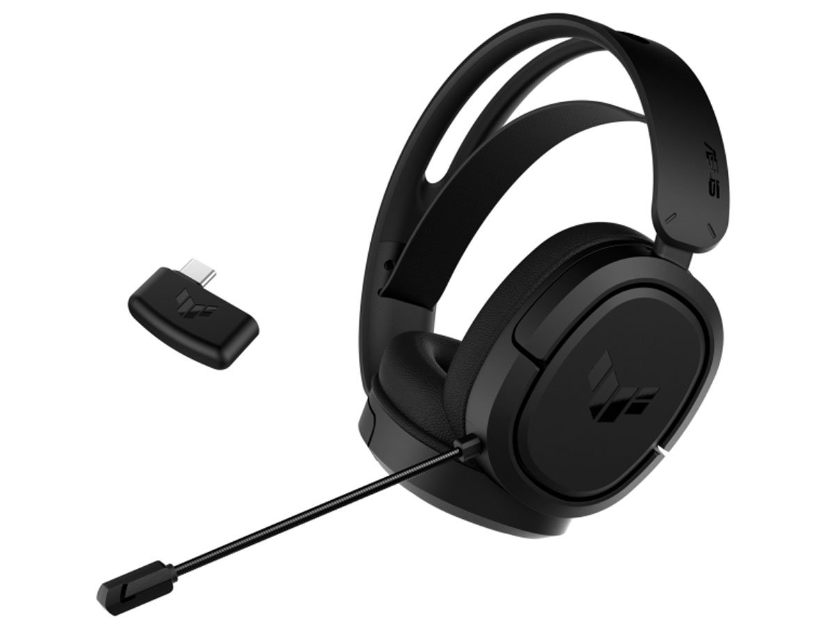 Zestaw słuchawkowy ASUS TUF Gaming H1 Wireless - Widok od przodu pod kątem wraz z adapterem