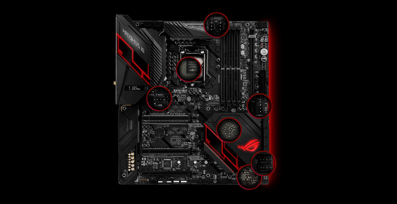 ASUS ROG MAXIMUS XI EXTREME Złącza wentylatorów, czujniki temperatury