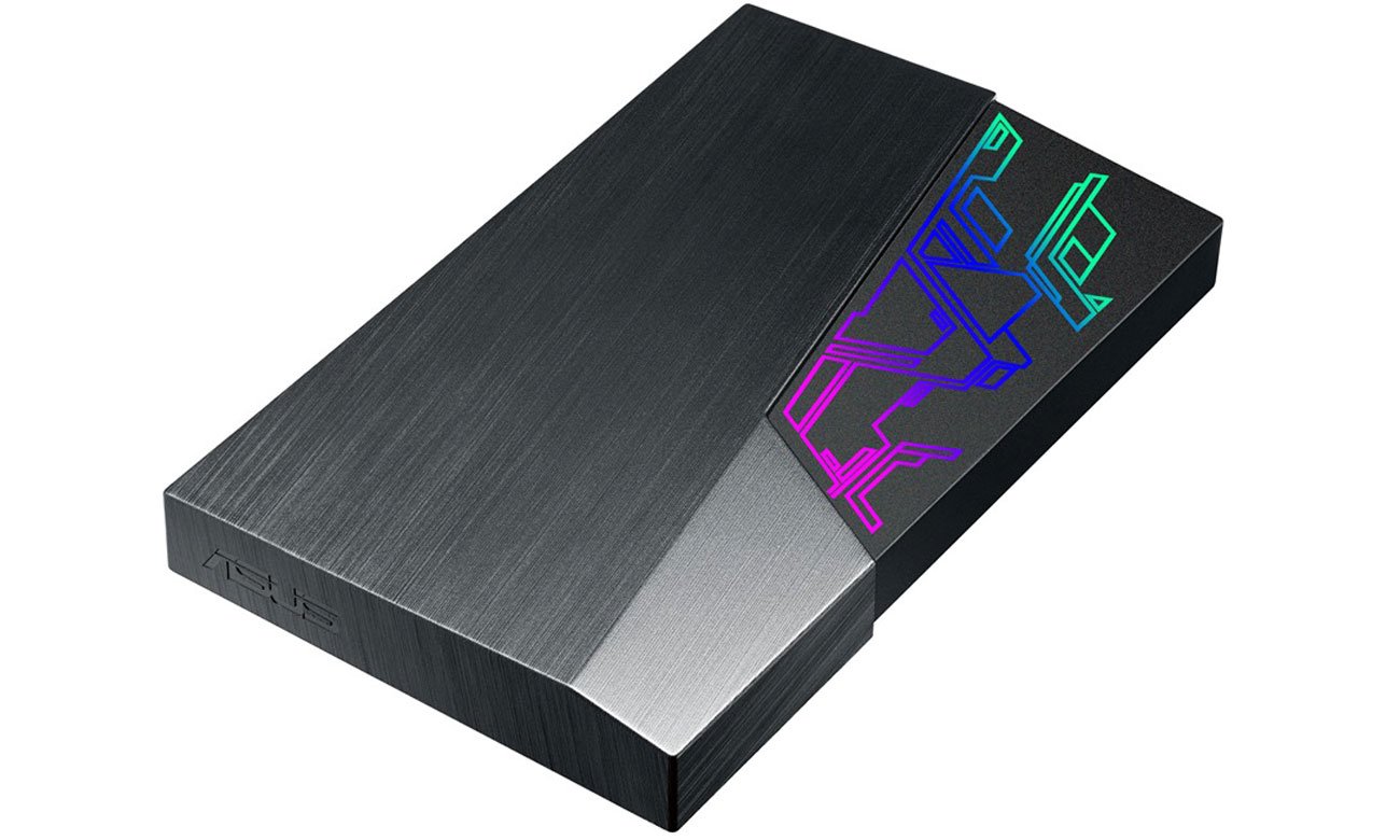 Zewnętrzny dysk HDD ASUS FX Gaming 1TB Czarny - Widok z przodu pod kątem + podświetlenie