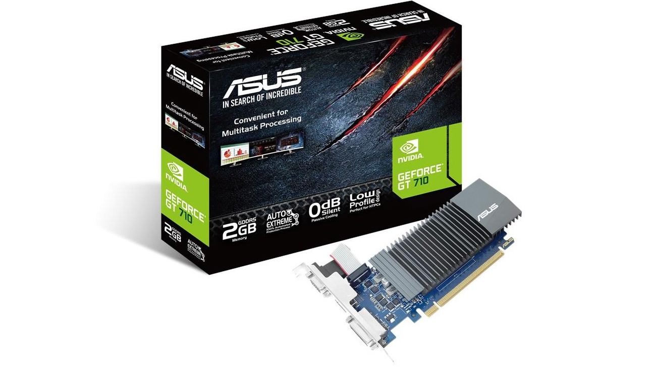 Die Grafikkarte mit 0dB-Kühldesign ASUS GeForce 2048MB 64bit Silent LowProfile GT710-SL-2GD5-BRK